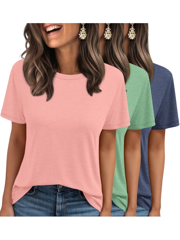 3 Pack T-Shirts for Women Short Sleeve Summer Womens Tops Casual Curved Hem Shirts Beach Outfits