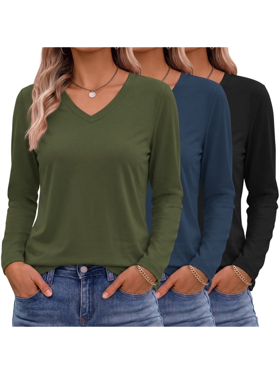 3 Pack T Shirts for Women V Neck Long Sleeve Womens T-shirts Casual Basics Tees Loose Fit Fall Tops
