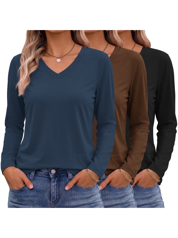 3 Pack T Shirts for Women V Neck Long Sleeve Womens T-shirts Casual Basics Tees Loose Fit Fall Tops
