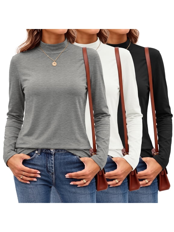 3 Pack Tshirts for Women Long Sleeve Mock Neck Women T-shirts Loose Fit Pullover Tops Casual Base Layer