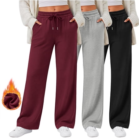 MOSHU 3 Pack Wide Leg Sweatpants for Women Fleece Baggy Womens Sweatpants Drawstring Elastic Pants with Pockets