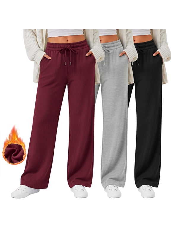 3 Pack Wide Leg Sweatpants for Women Fleece Baggy Womens Sweatpants Drawstring Elastic Pants with Pockets