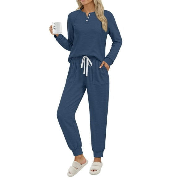 MOSHU Casual Pajamas Sets for Women Button Down Shirts and Drawstring Pants with Pockets Two Piece Womens Lounge Sets
