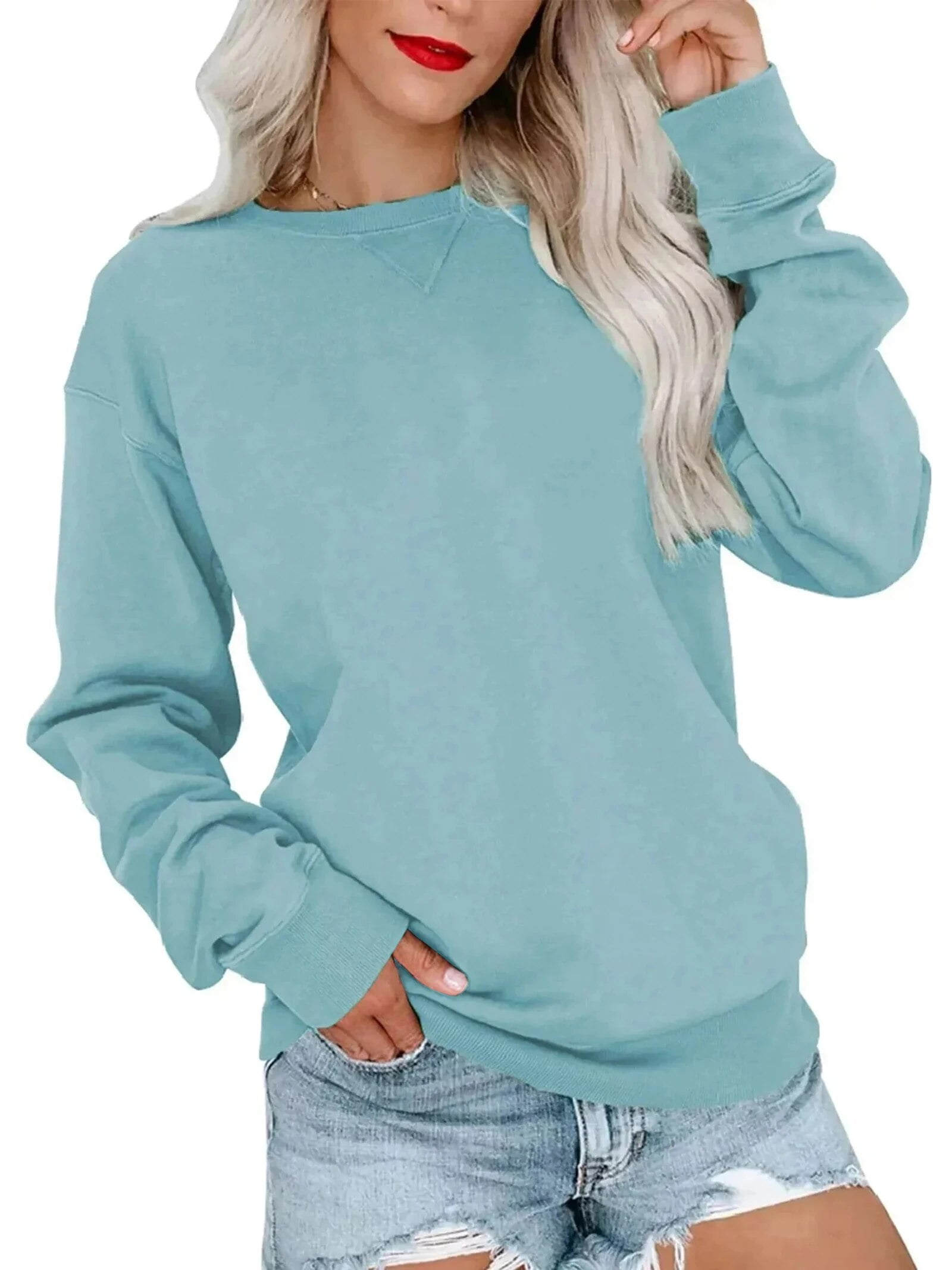 MOSHU Casual Womens Sweatshirts Long Sleeve Crewneck Tops Oversized Pullover  Shirts for Women 