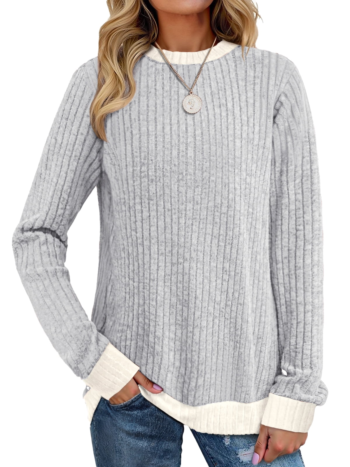 MOSHU Color Block Sweaters for Women Crewneck Long Sleeves Fashion Tops ...
