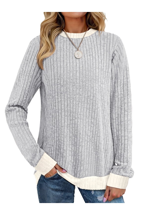 Color Block Sweaters for Women Crewneck Long Sleeves Fashion Tops Pullover Fall Lightweight Women Sweaters