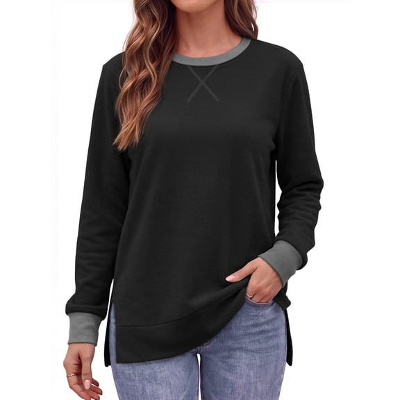 MOSHU Color Block Sweatshirts for Women Side Split Long Sleeve Shirts Crewneck Fall Womens Tops Casual Outfits