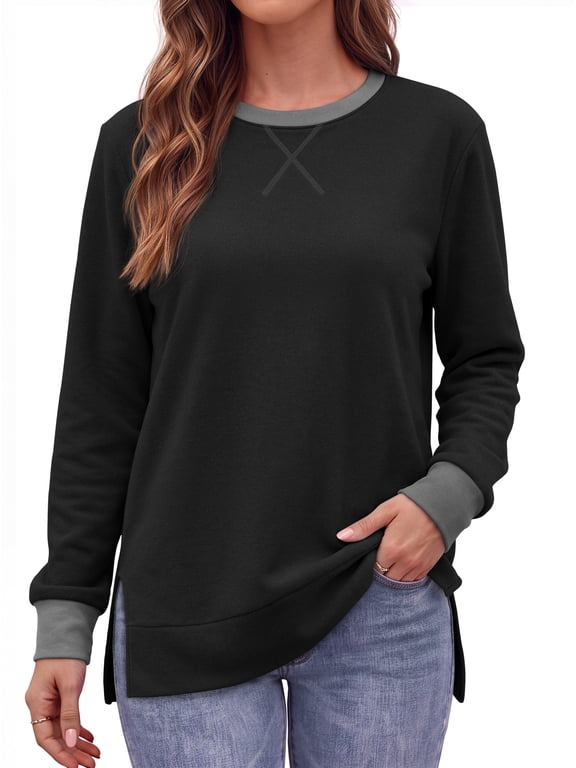 Color Block Sweatshirts for Women Side Split Long Sleeve Shirts Crewneck Fall Womens Tops Casual Outfits