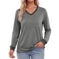 thumbnail image 1 of MOSHU Color Block T Shirts for Women V Neck Long Sleeve Womens Shirts Loose Fall Tops with Pocket, 1 of 10