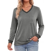 MOSHU Color Block T Shirts for Women V Neck Long Sleeve Womens Shirts Loose Fall Tops with Pocket