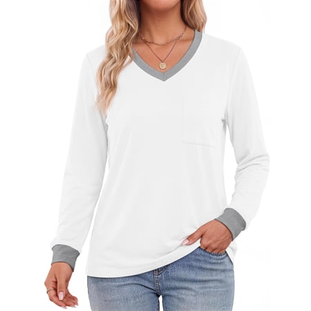 MOSHU Color Block T Shirts for Women V Neck Long Sleeve Womens Shirts Loose Fall Tops with Pocket price history and forecast - MOSHU T-shirts for women