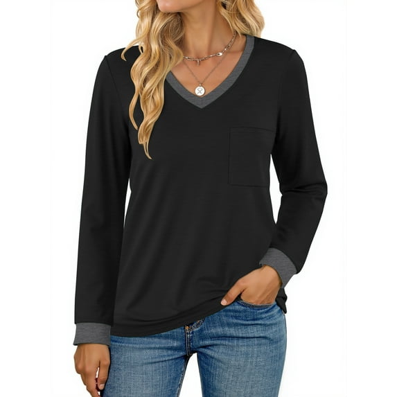 MOSHU Color Block T Shirts for Women V Neck Long Sleeve Womens Shirts Loose Fall Tops with Pocket