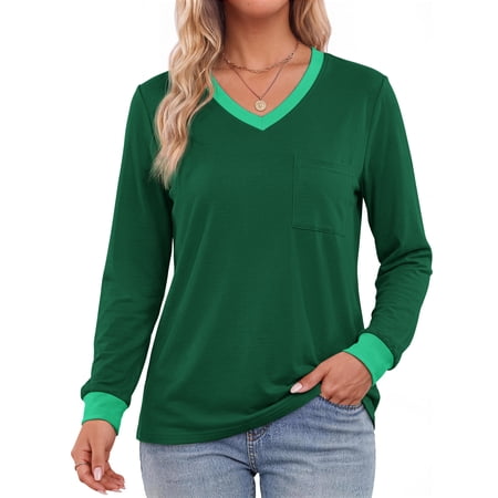 MOSHU Color Block T Shirts for Women V Neck Long Sleeve Womens Shirts Loose Fall Tops with Pocket price history and forecast - MOSHU T-shirts for women