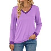 MOSHU Plus Size Color Block T Shirts for Women V Neck Long Sleeve Womens Shirts Loose Fall Tops with Pocket