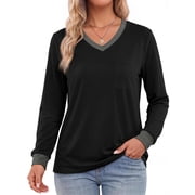 MOSHU Plus Size Color Block T Shirts for Women V Neck Long Sleeve Womens Shirts Loose Fall Tops with Pocket