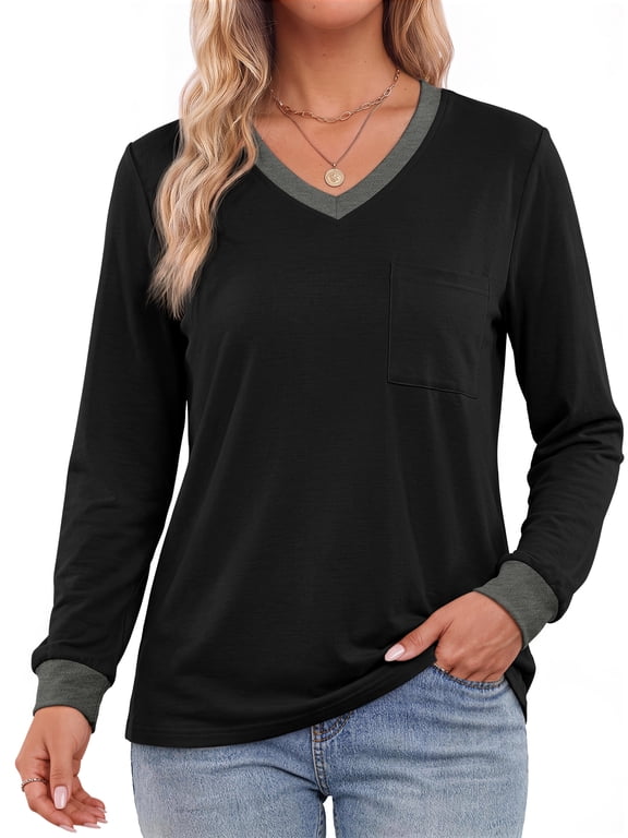 Color Block T Shirts for Women V Neck Long Sleeve Womens Shirts Loose Fall Tops with Pocket