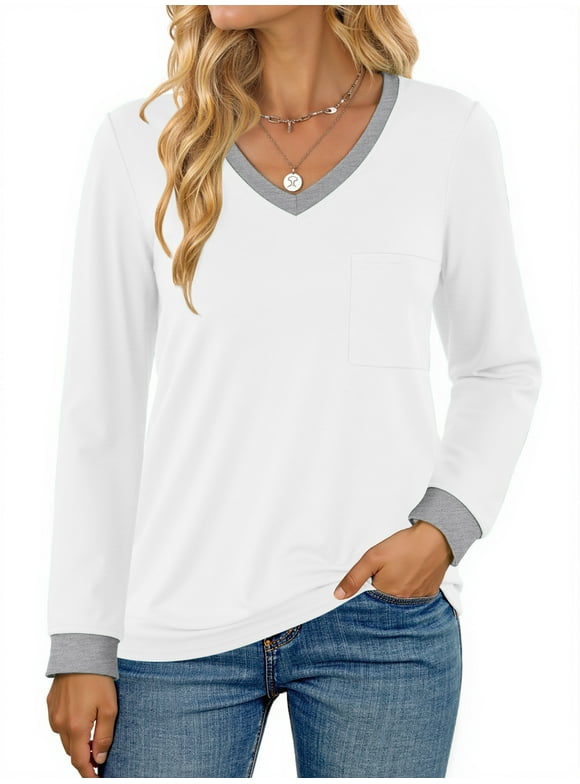 Color Block T Shirts for Women V Neck Long Sleeve Womens Shirts Loose Fall Tops with Pocket