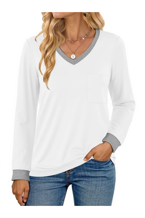 Color Block T Shirts for Women V Neck Long Sleeve Womens Shirts Loose Fall Tops with Pocket