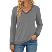 MOSHU Color Block T Shirts for Women V Neck Long Sleeve Womens Shirts Loose Fall Tops with Pocket
