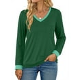 thumbnail image 1 of MOSHU Color Block T Shirts for Women V Neck Long Sleeve Womens Shirts Loose Fall Tops with Pocket, 1 of 8