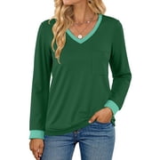 MOSHU Plus Size Color Block T Shirts for Women V Neck Long Sleeve Womens Shirts Loose Fall Tops with Pocket
