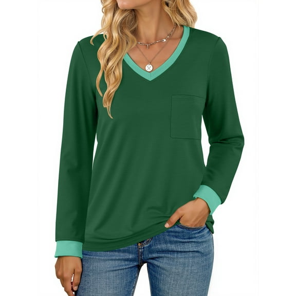 MOSHU Color Block T Shirts for Women V Neck Long Sleeve Womens Shirts Loose Fall Tops with Pocket