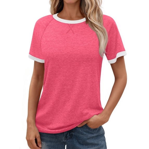MOSHU Color Block Womens T-shirts Round Neck Shirts for Women Short Sleeve Loose Fit Women Tops