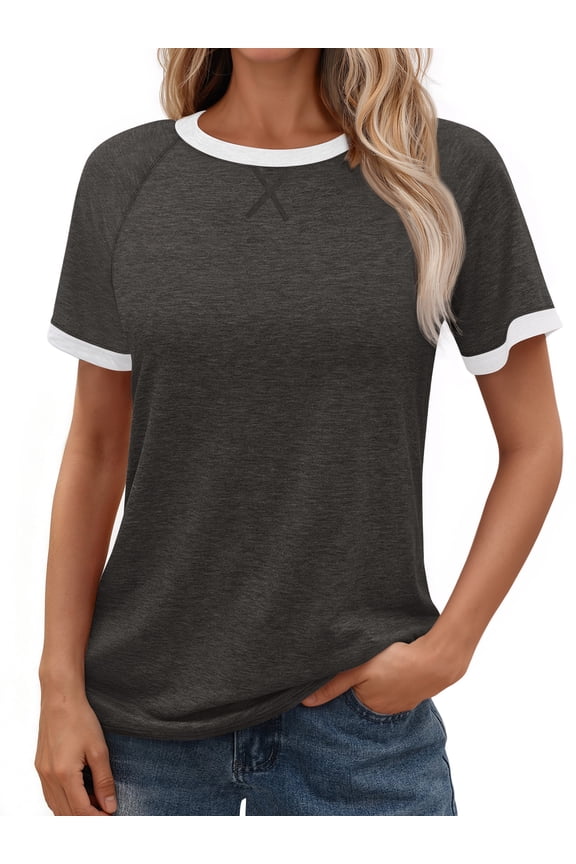 Color Block Womens T-shirts Round Neck Shirts for Women Short Sleeve Loose Fit Women Tops