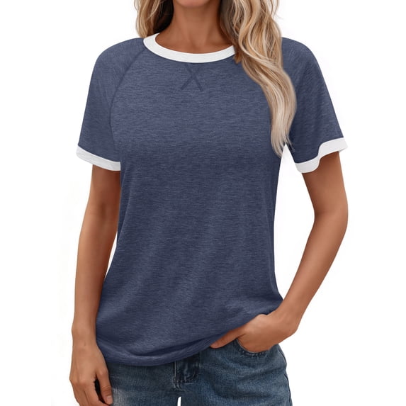 MOSHU Color Block Womens T-shirts Round Neck Shirts for Women Short Sleeve Loose Fit Women Tops