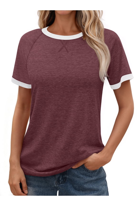 Color Block Womens T-shirts Round Neck Shirts for Women Short Sleeve Loose Fit Women Tops