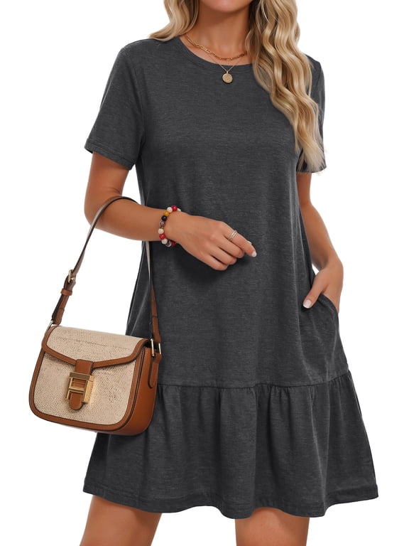 Crew Neck Dresses for Women Short Sleeve Women Dresses Casual Swing Babydoll Midi Dress with Pockets