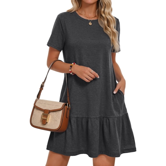 MOSHU Crew Neck Dresses for Women Short Sleeve Women Dresses Casual Swing Babydoll Midi Dress with Pockets