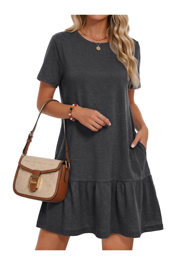 Crew Neck Dresses for Women Short Sleeve Women Dresses Casual Swing Babydoll Midi Dress with Pockets