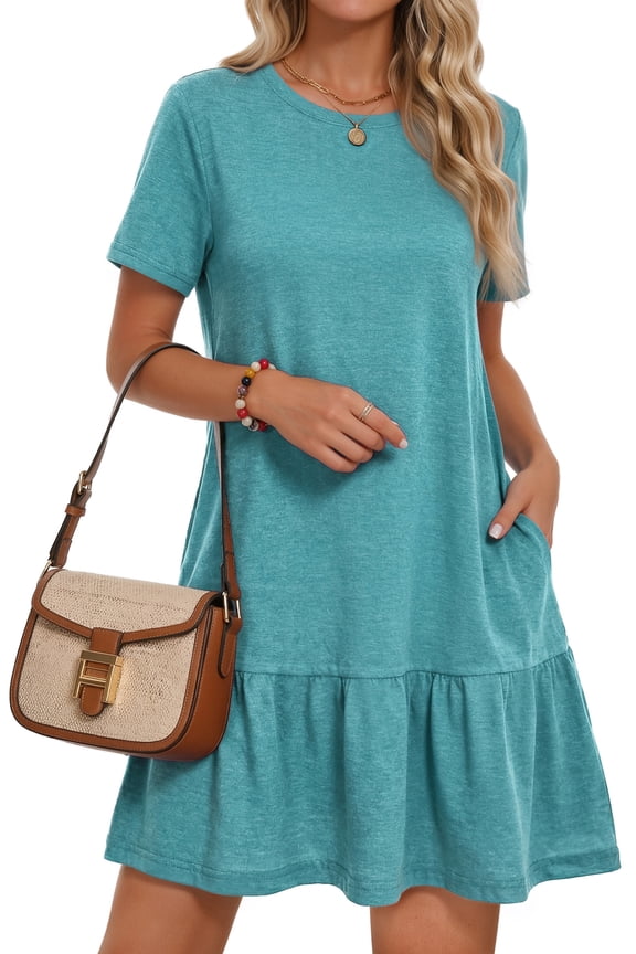 Crew Neck Dresses for Women Short Sleeve Women Dresses Casual Swing Babydoll Midi Dress with Pockets