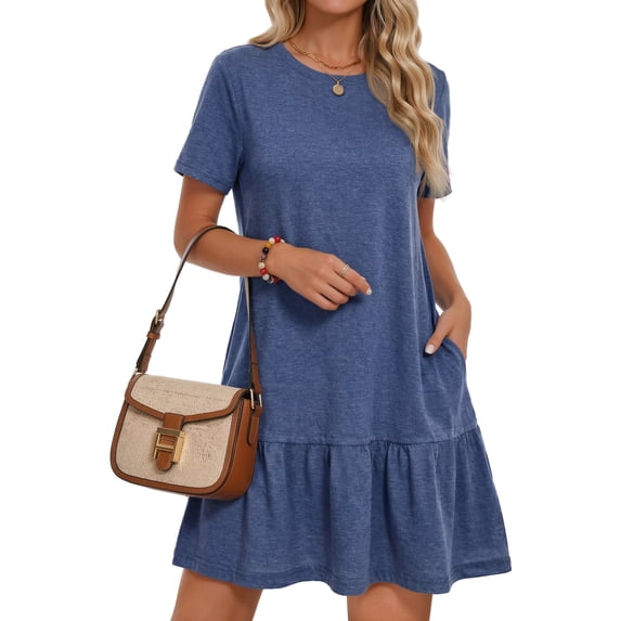 MOSHU Crew Neck Dresses for Women Short Sleeve Women Dresses Casual Swing Babydoll Midi Dress with Pockets
