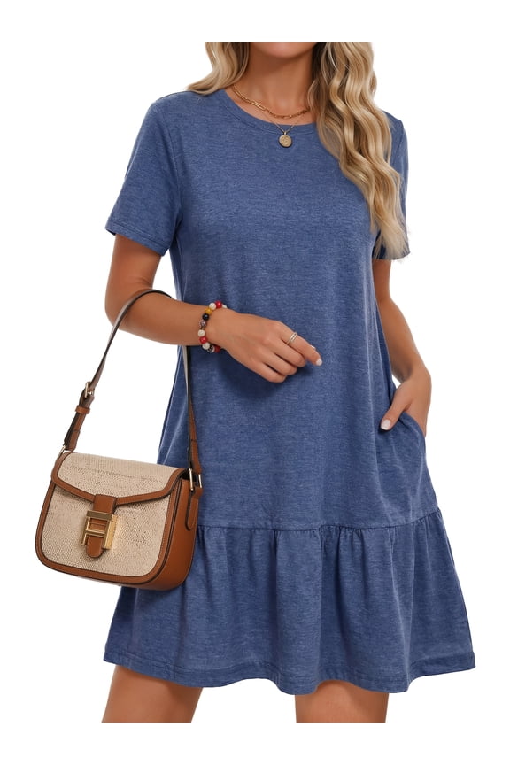 Crew Neck Dresses for Women Short Sleeve Women Dresses Casual Swing Babydoll Midi Dress with Pockets