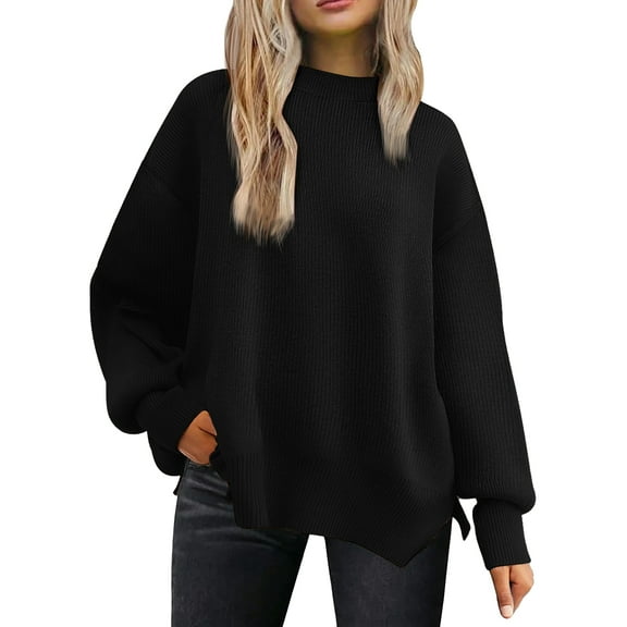 MOSHU Crewneck Sweaters for Women Drop Shoulder Long Sleeve Tops Side Slit Oversized Pullover Sweaters