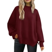MOSHU Crewneck Sweaters for Women Drop Shoulder Long Sleeve Tops Side Slit Oversized Pullover Sweaters