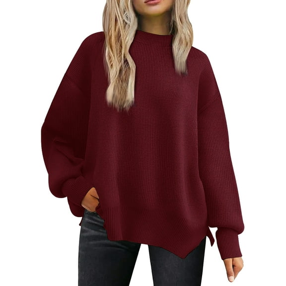 MOSHU Crewneck Sweaters for Women Drop Shoulder Long Sleeve Tops Side Slit Oversized Pullover Sweaters