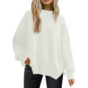 MOSHU Crewneck Sweaters for Women Drop Shoulder Long Sleeve Tops Side Slit Oversized Pullover Sweaters