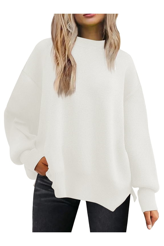 Crewneck Sweaters for Women Drop Shoulder Long Sleeve Tops Side Slit Oversized Pullover Sweaters