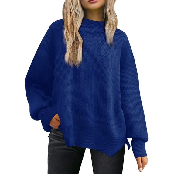 MOSHU Crewneck Sweaters for Women Drop Shoulder Long Sleeve Tops Side Slit Oversized Pullover Sweaters