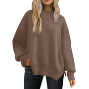 MOSHU Crewneck Sweaters for Women Drop Shoulder Long Sleeve Tops Side Slit Oversized Pullover Sweaters