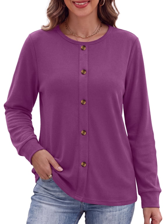 Crewneck Sweatshirts for Women Decorative Buttons Long Sleeve Shirts Fashion Pullover Womens Sweatshirts Fall Tops