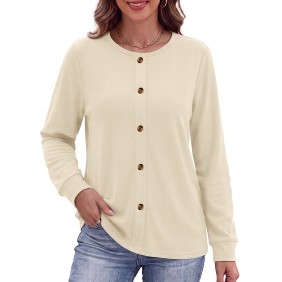 MOSHU Crewneck Sweatshirts for Women Decorative Buttons Long Sleeve Shirts Fashion Pullover Womens Sweatshirts Fall Tops