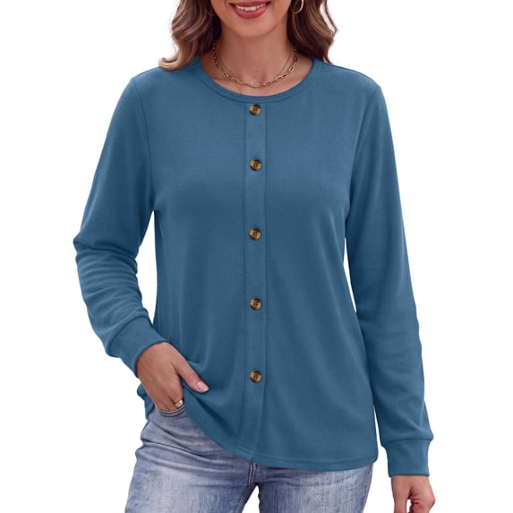MOSHU Crewneck Sweatshirts for Women Decorative Buttons Long Sleeve Shirts Fashion Pullover Womens Sweatshirts Fall Tops