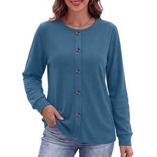 MOSHU Crewneck Sweatshirts for Women Decorative Buttons Long Sleeve Shirts Fashion Pullover Womens Sweatshirts Fall Tops