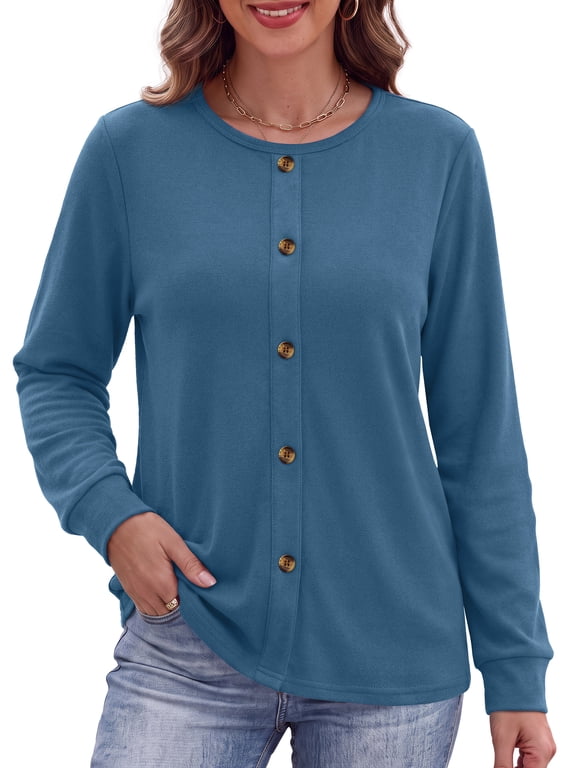 Crewneck Sweatshirts for Women Decorative Buttons Long Sleeve Shirts Fashion Pullover Womens Sweatshirts Fall Tops