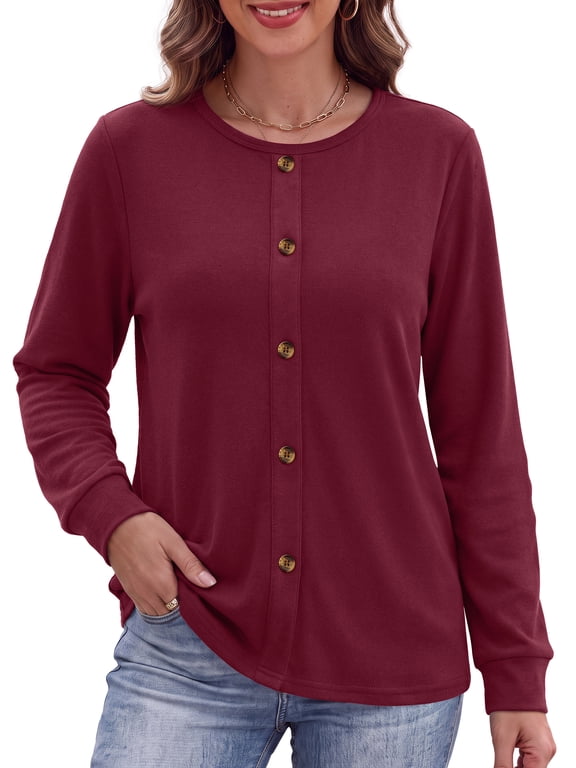 Crewneck Sweatshirts for Women Decorative Buttons Long Sleeve Shirts Fashion Pullover Womens Sweatshirts Fall Tops