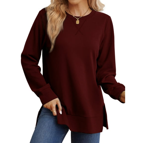 MOSHU Crewneck Sweatshirts for Women Side Split Long Sleeve Shirts Fashion Fall Womens Tops